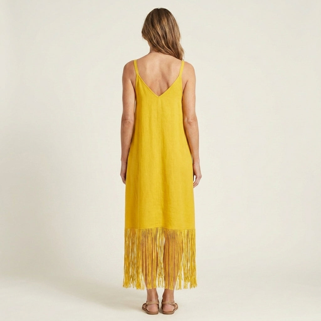 Arelia | V-Neck Fringe Hem Spaghetti Strap Maxi Dress With Pockets