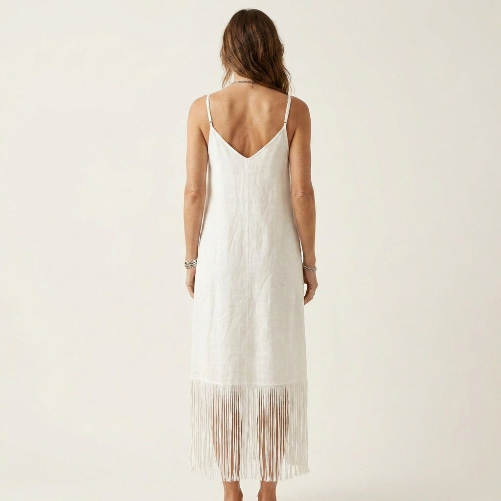 Arelia | V-Neck Fringe Hem Spaghetti Strap Maxi Dress With Pockets