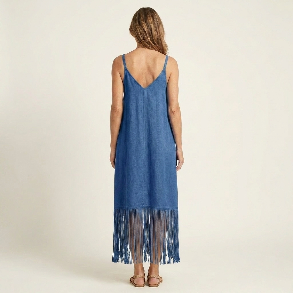 Arelia | V-Neck Fringe Hem Spaghetti Strap Maxi Dress With Pockets