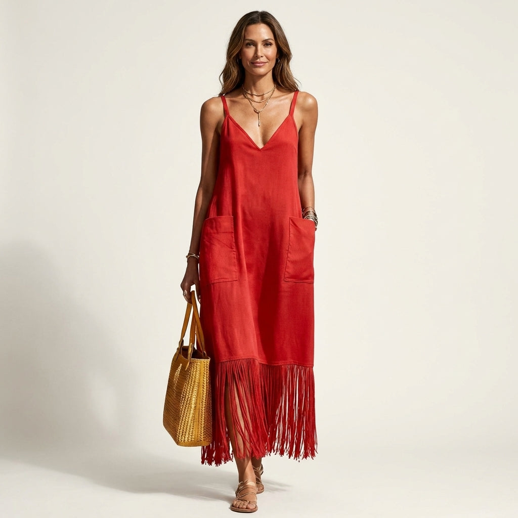 Arelia | V-Neck Fringe Hem Spaghetti Strap Maxi Dress With Pockets