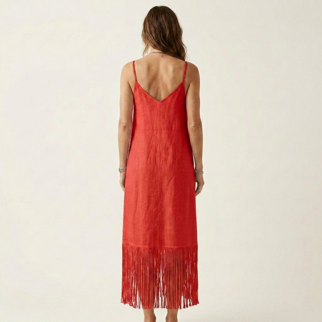 Arelia | V-Neck Fringe Hem Spaghetti Strap Maxi Dress With Pockets