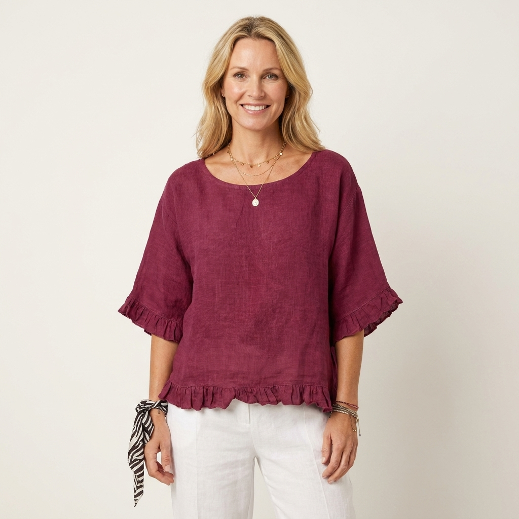 Kathrina | Lettuce Frill Hem Cotton-Linen Relaxed Blouse