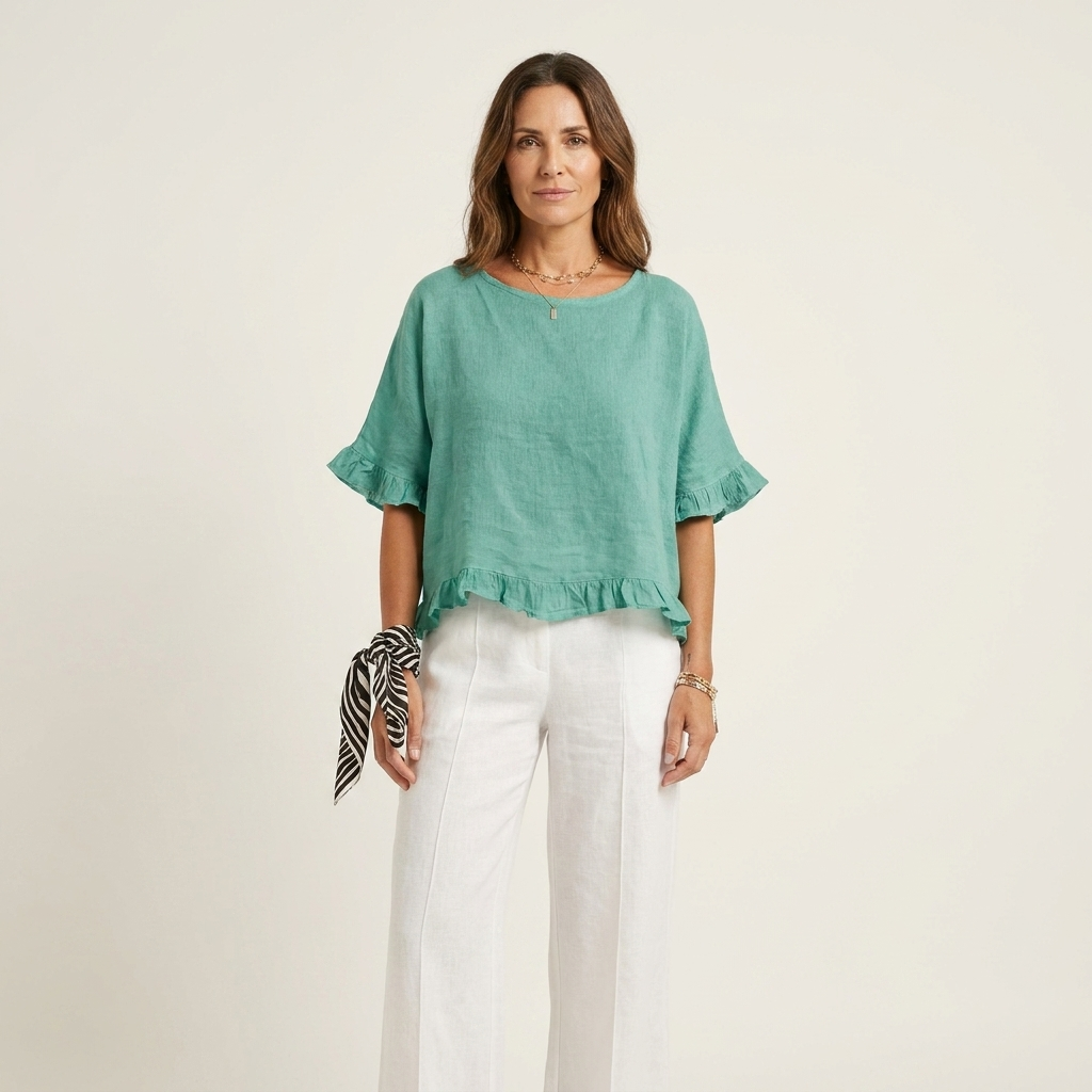 Kathrina | Lettuce Frill Hem Cotton-Linen Relaxed Blouse