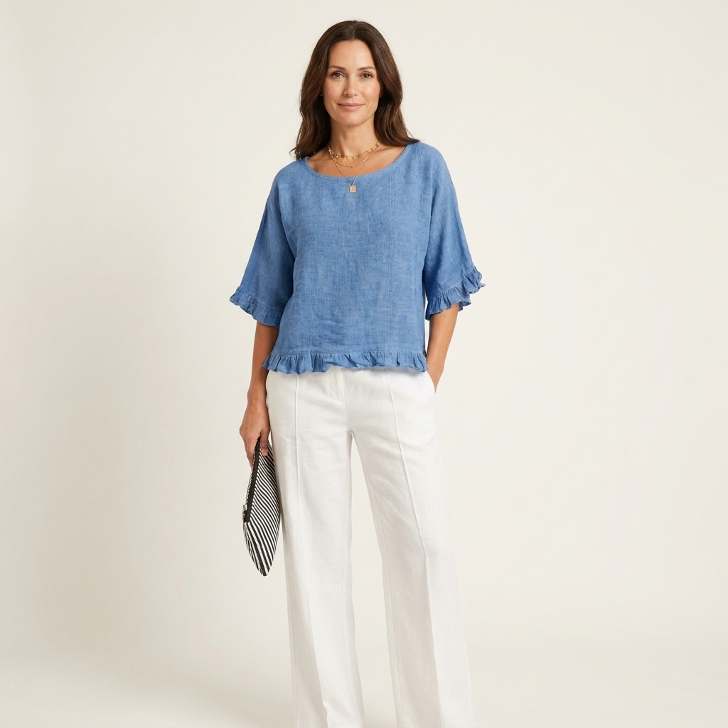 Kathrina | Lettuce Frill Hem Cotton-Linen Relaxed Blouse