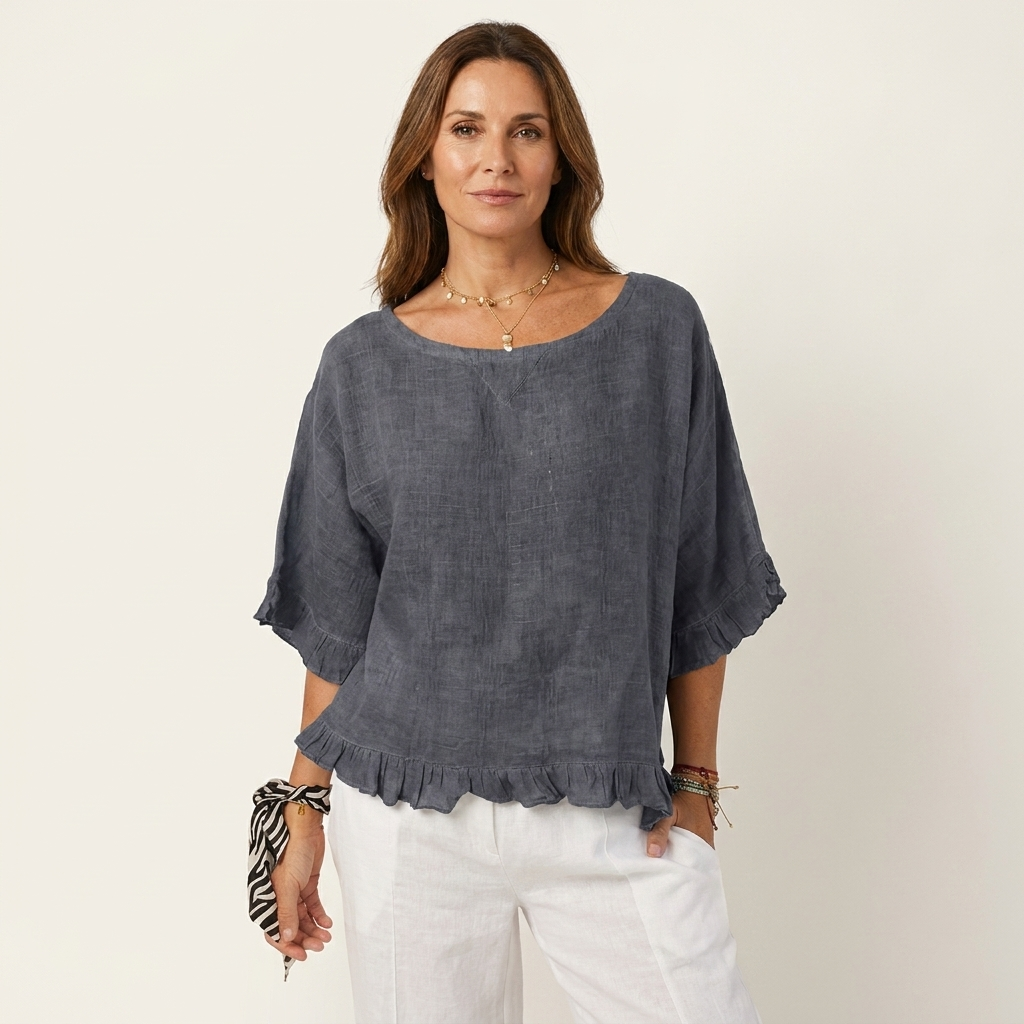 Kathrina | Lettuce Frill Hem Cotton-Linen Relaxed Blouse