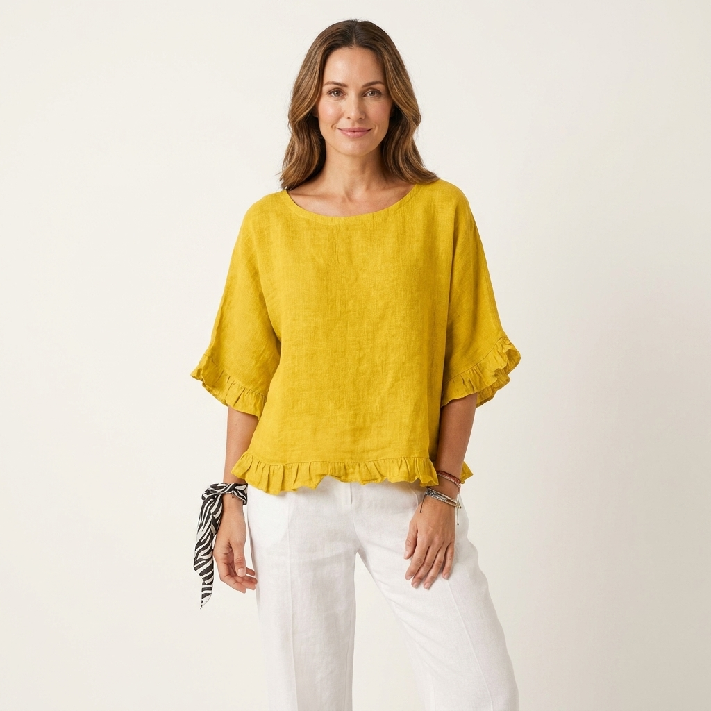 Kathrina | Lettuce Frill Hem Cotton-Linen Relaxed Blouse