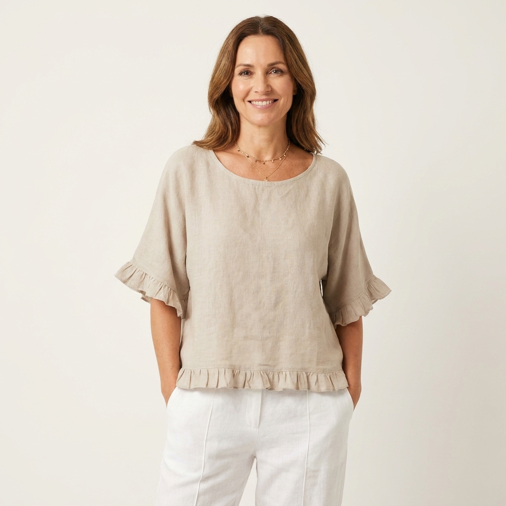 Kathrina | Lettuce Frill Hem Cotton-Linen Relaxed Blouse