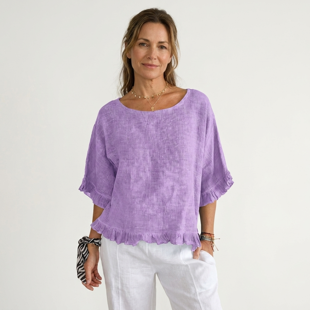 Kathrina | Lettuce Frill Hem Cotton-Linen Relaxed Blouse
