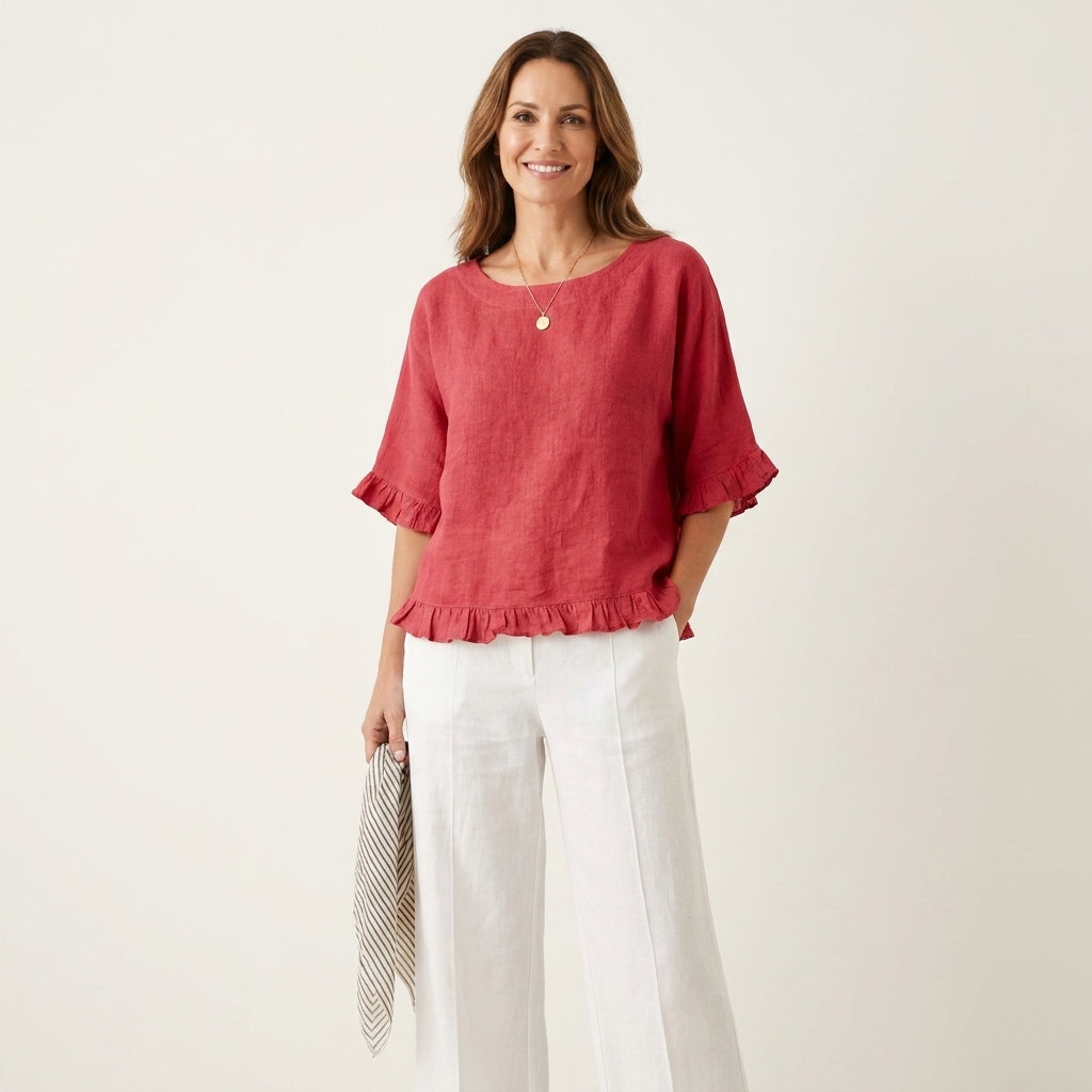 Kathrina | Lettuce Frill Hem Cotton-Linen Relaxed Blouse