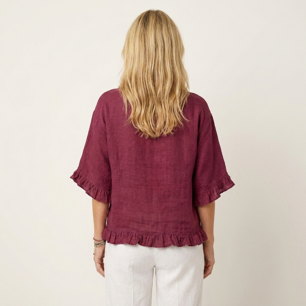 Kathrina | Lettuce Frill Hem Cotton-Linen Relaxed Blouse
