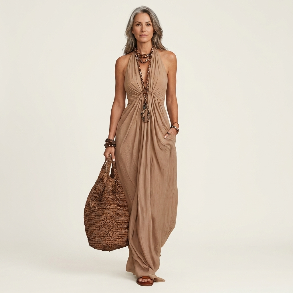 Lilliana | Deep V Halter Neck Draped Maxi Dress