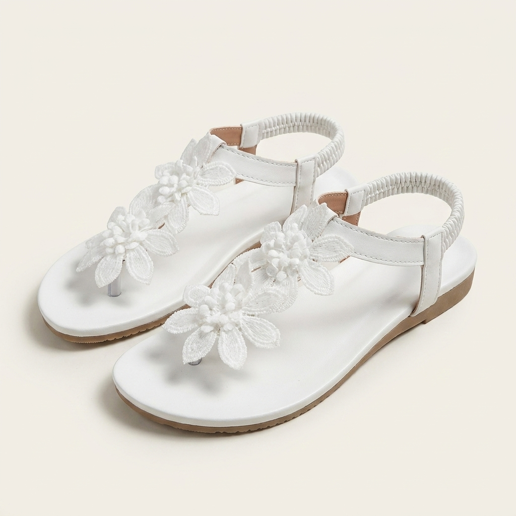 Florella | Floral Appliqué Toe Ring Flat Sandal With Elastic Heel Strap