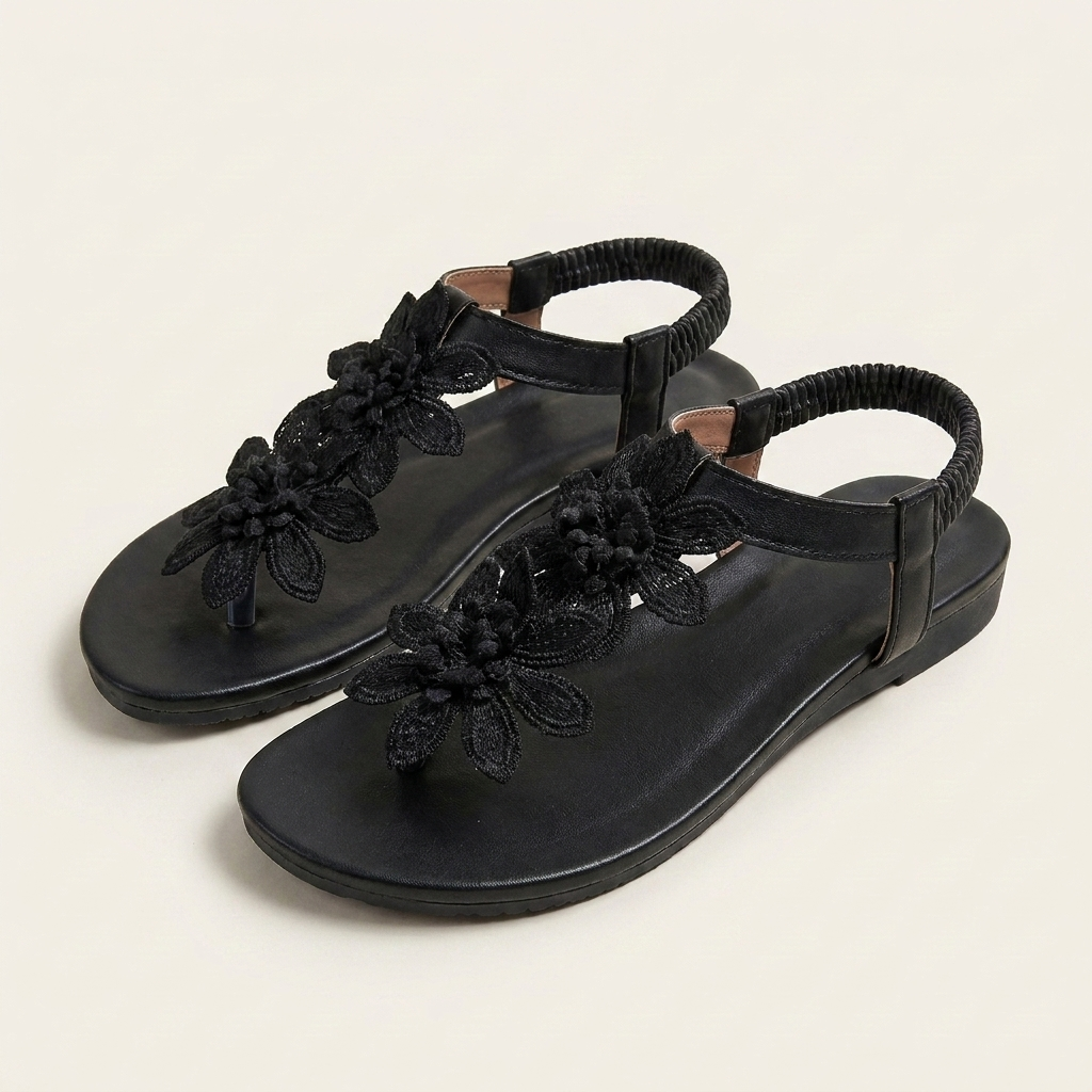 Florella | Floral Appliqué Toe Ring Flat Sandal With Elastic Heel Strap