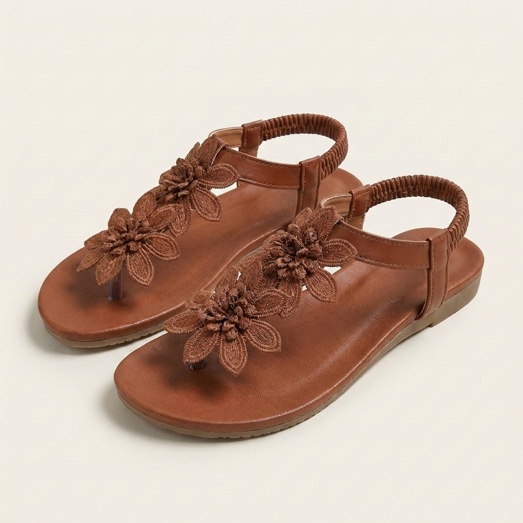 Florella | Floral Appliqué Toe Ring Flat Sandal With Elastic Heel Strap