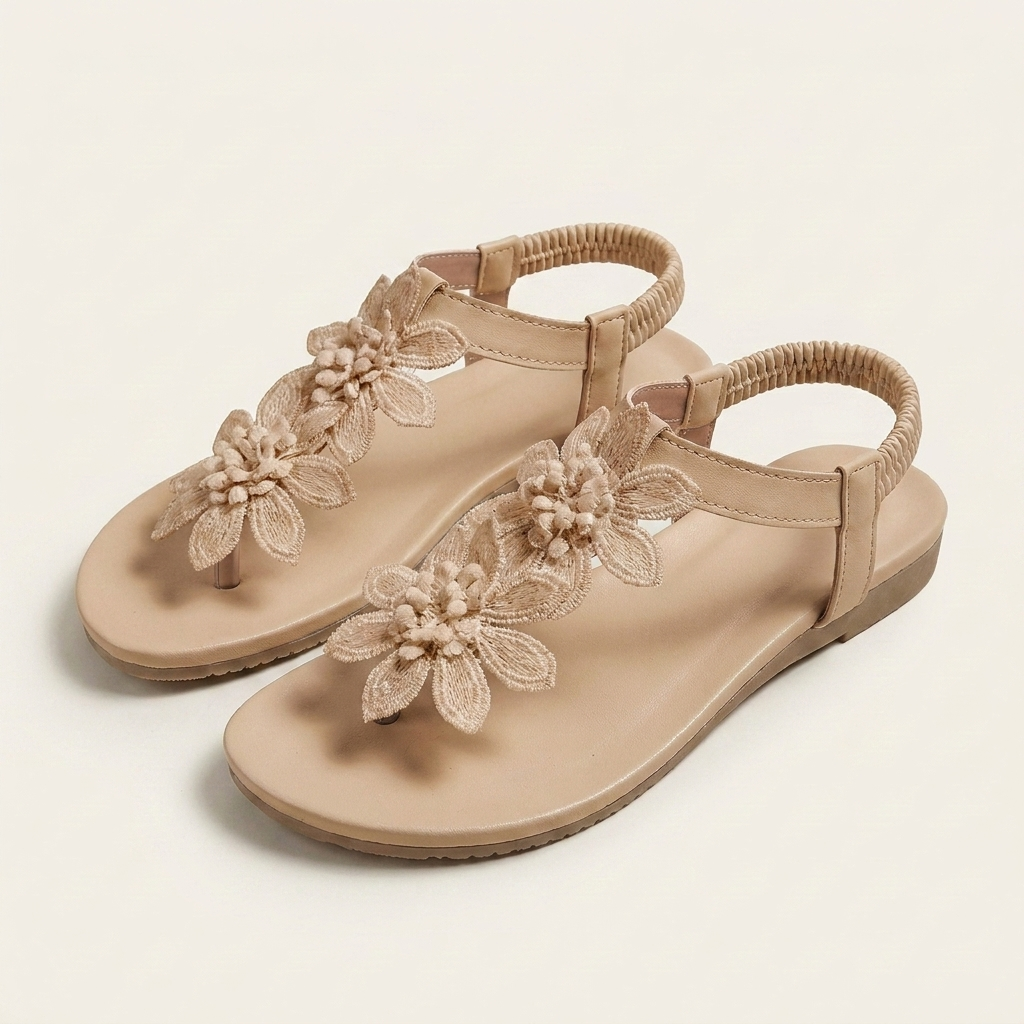 Florella | Floral Appliqué Toe Ring Flat Sandal With Elastic Heel Strap