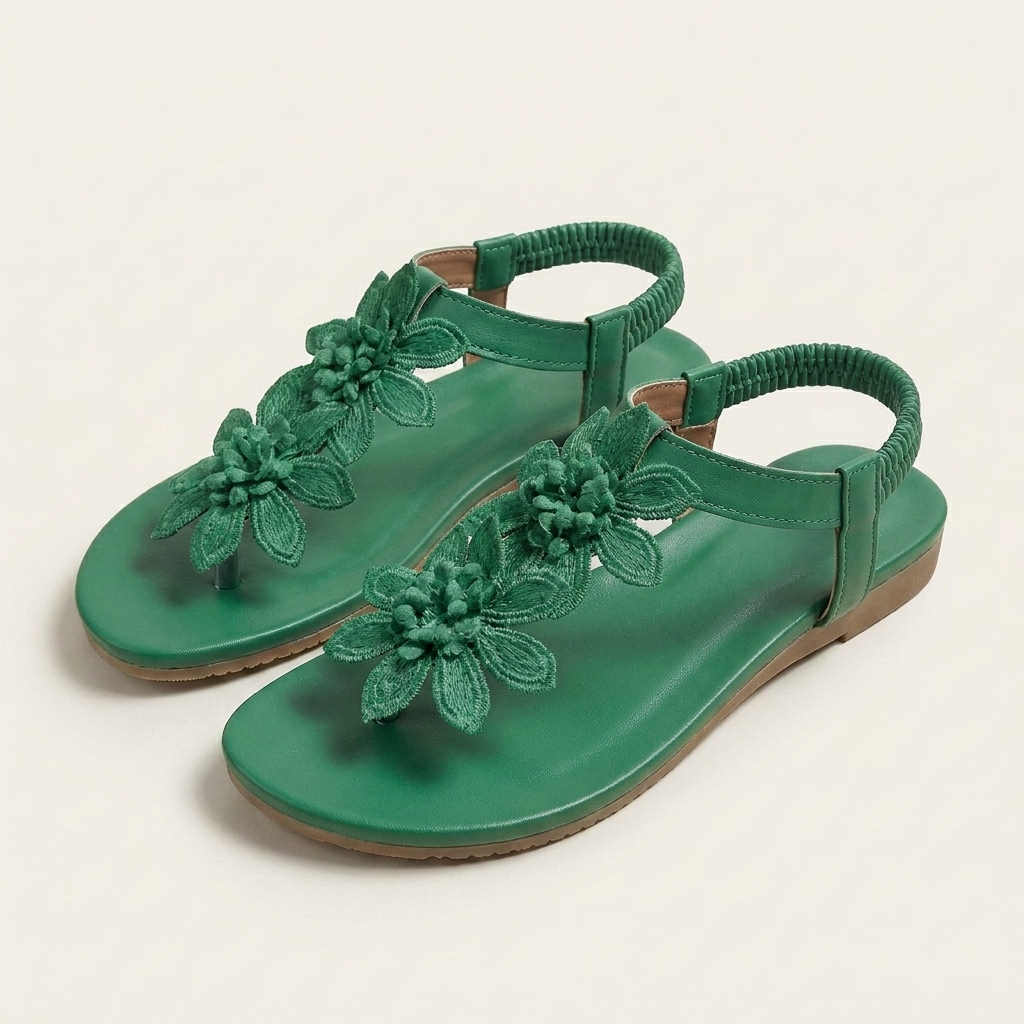 Florella | Floral Appliqué Toe Ring Flat Sandal With Elastic Heel Strap