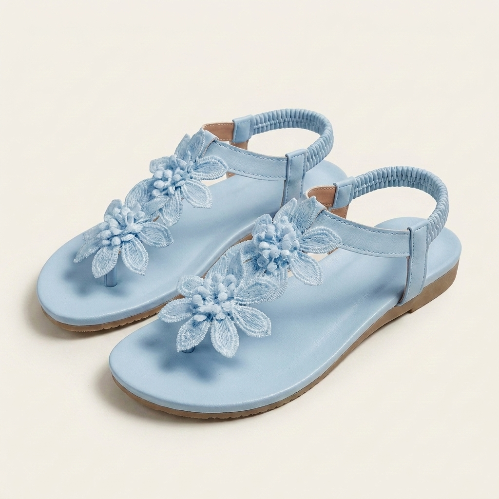 Florella | Floral Appliqué Toe Ring Flat Sandal With Elastic Heel Strap