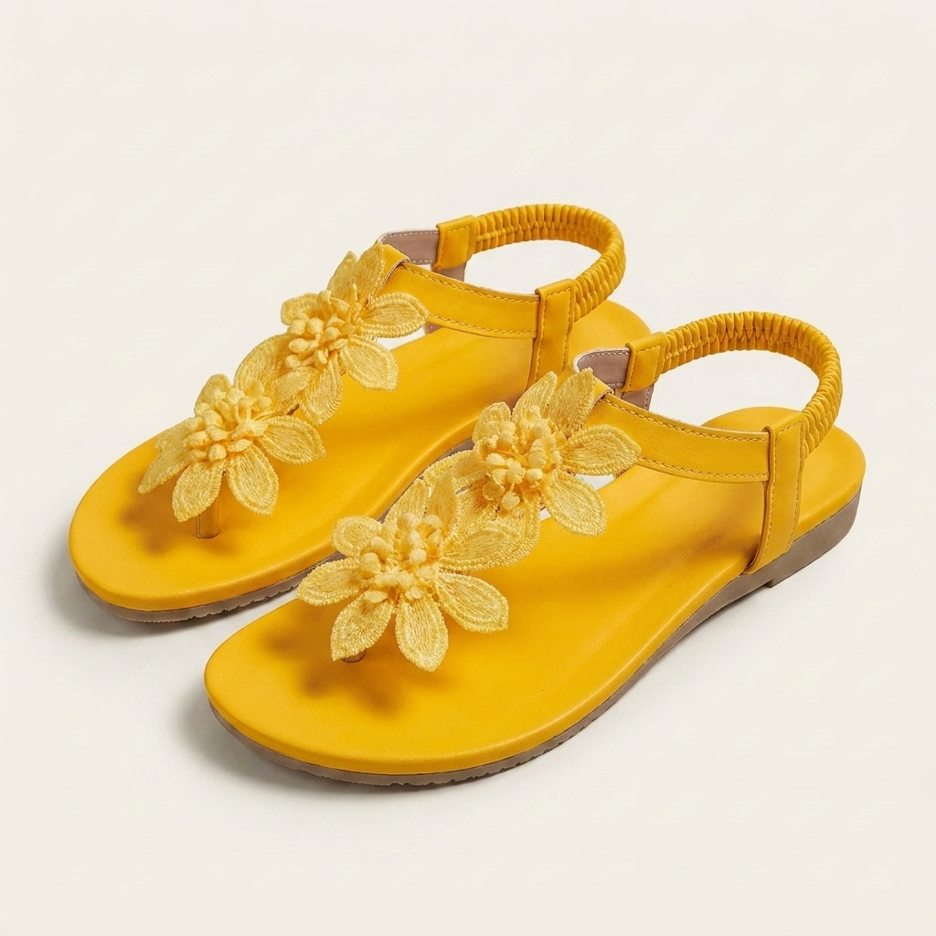 Florella | Floral Appliqué Toe Ring Flat Sandal With Elastic Heel Strap