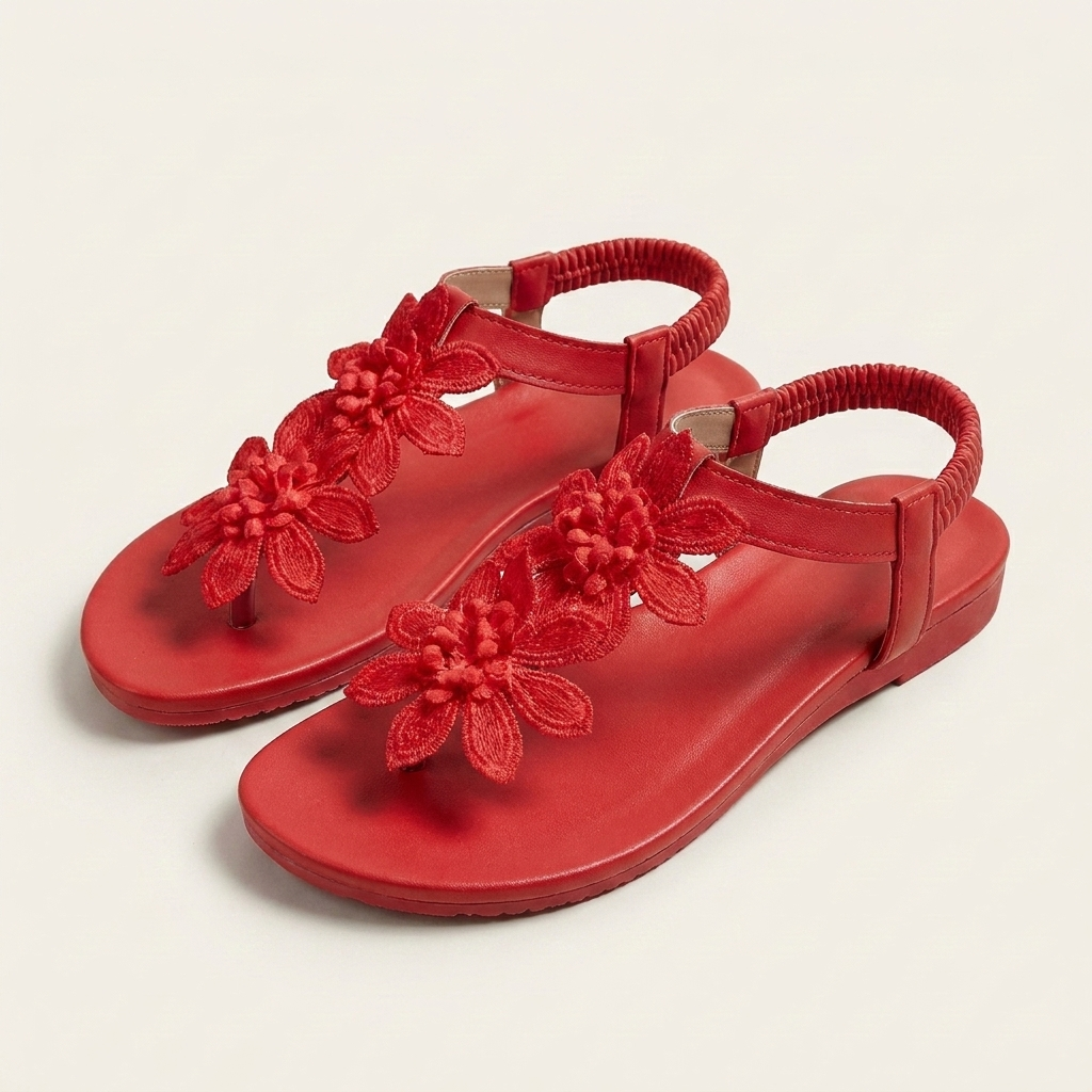 Florella | Floral Appliqué Toe Ring Flat Sandal With Elastic Heel Strap