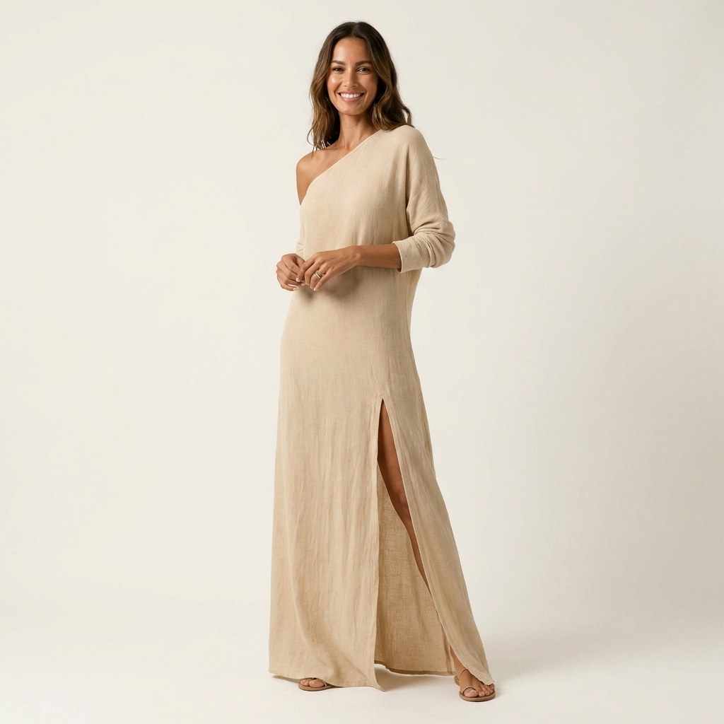 Marah | One-Shoulder Long-Sleeve Maxi Dress With Side Slit