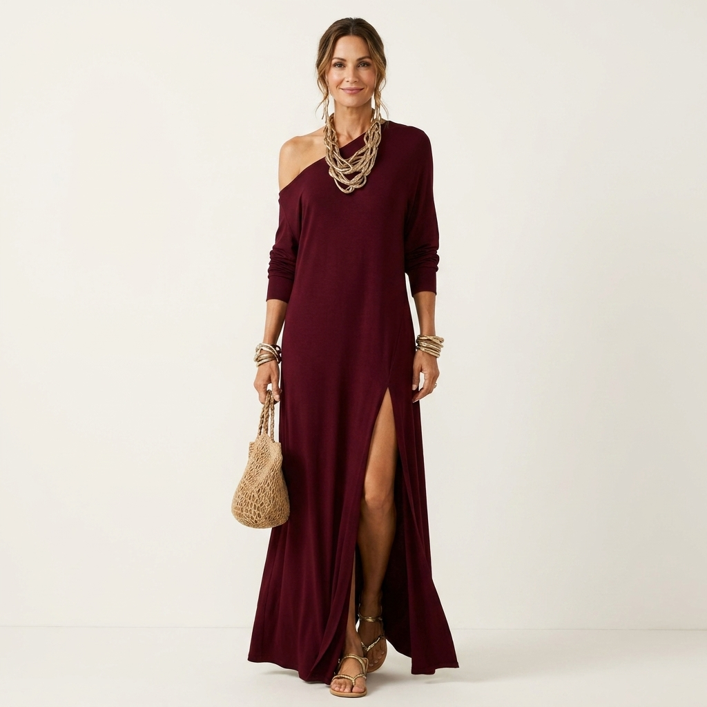 Marah | One-Shoulder Long-Sleeve Maxi Dress With Side Slit