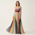 Evelyn | Multicolor Stripe Strapless Pleated Chiffon Maxi Dress