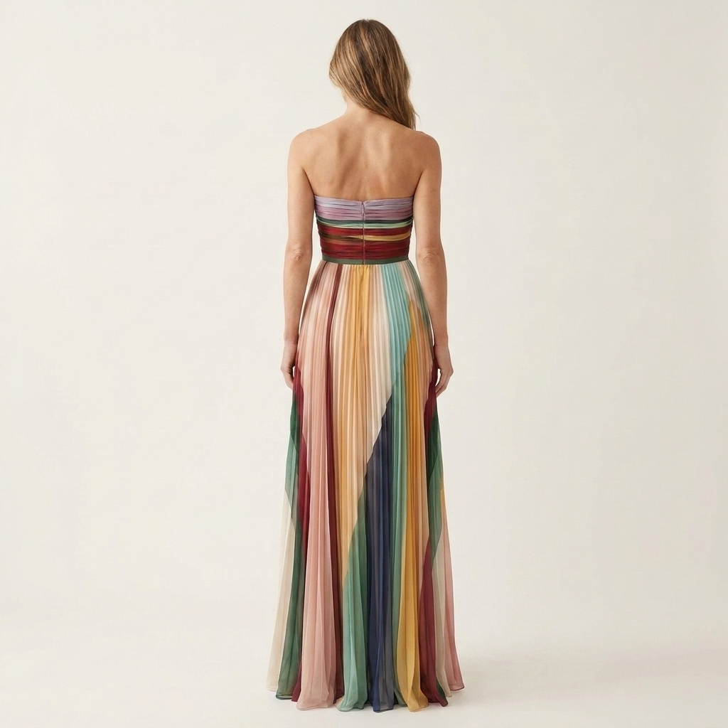 Evelyn | Multicolor Stripe Strapless Pleated Chiffon Maxi Dress