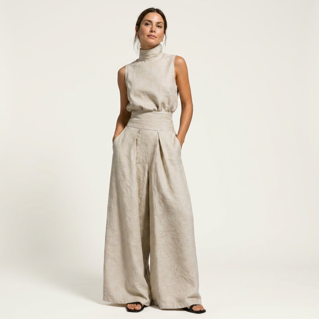 Luna | Mock-Neck Sleeveless Tank & Wide-Leg Pants Two-Piece Set