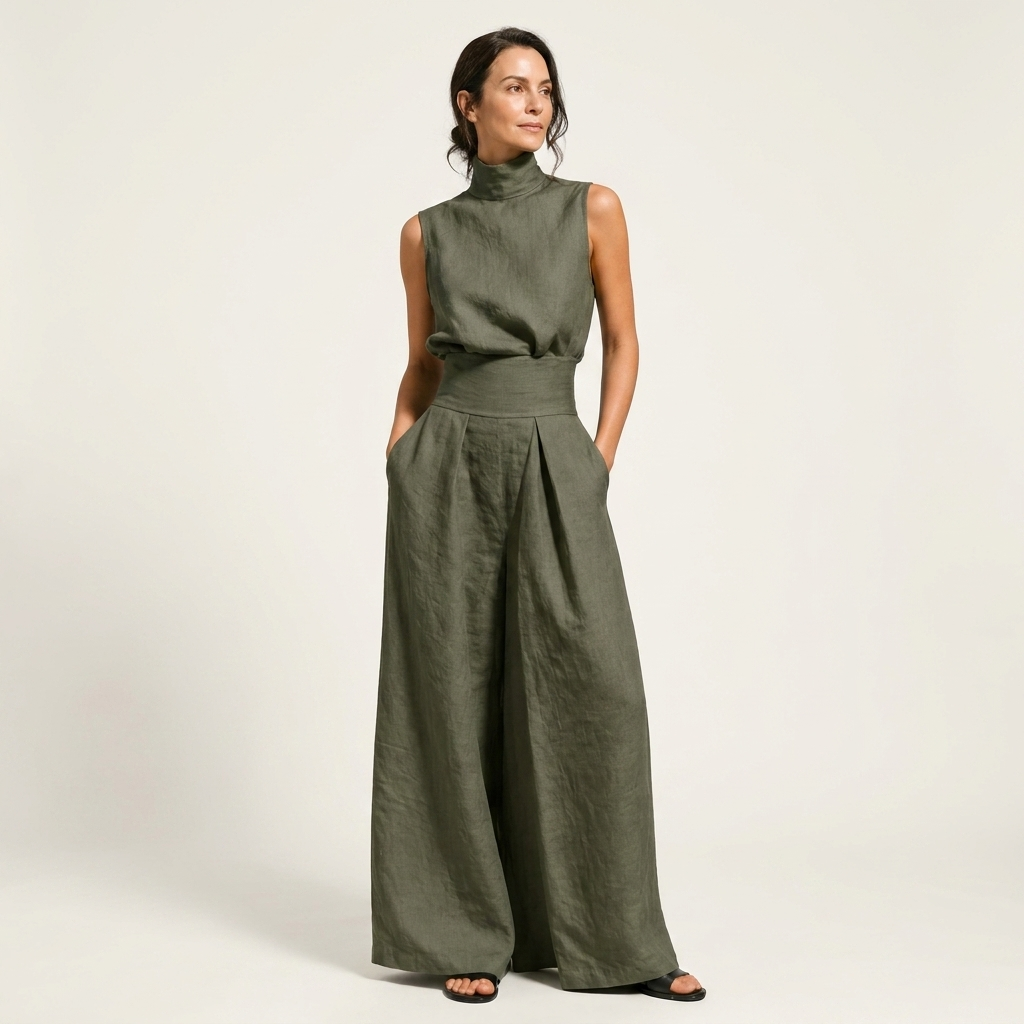 Luna | Mock-Neck Sleeveless Tank & Wide-Leg Pants Two-Piece Set