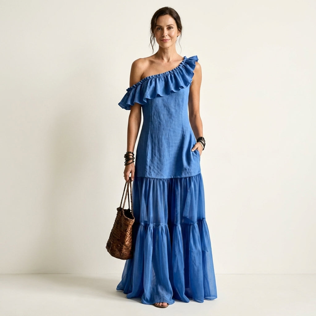 Liana | One-Shoulder Ruffle Cotton-Linen Tiered Maxi Dress
