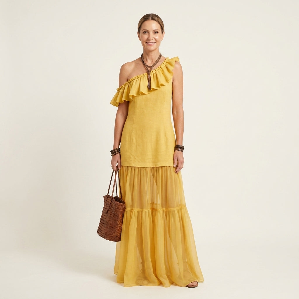 Liana | One-Shoulder Ruffle Cotton-Linen Tiered Maxi Dress