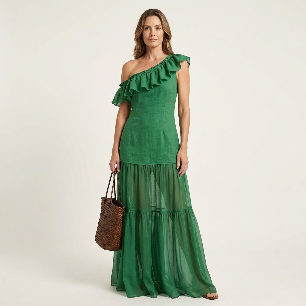 Liana | One-Shoulder Ruffle Cotton-Linen Tiered Maxi Dress