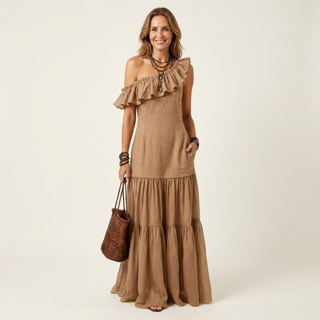Liana | One-Shoulder Ruffle Cotton-Linen Tiered Maxi Dress