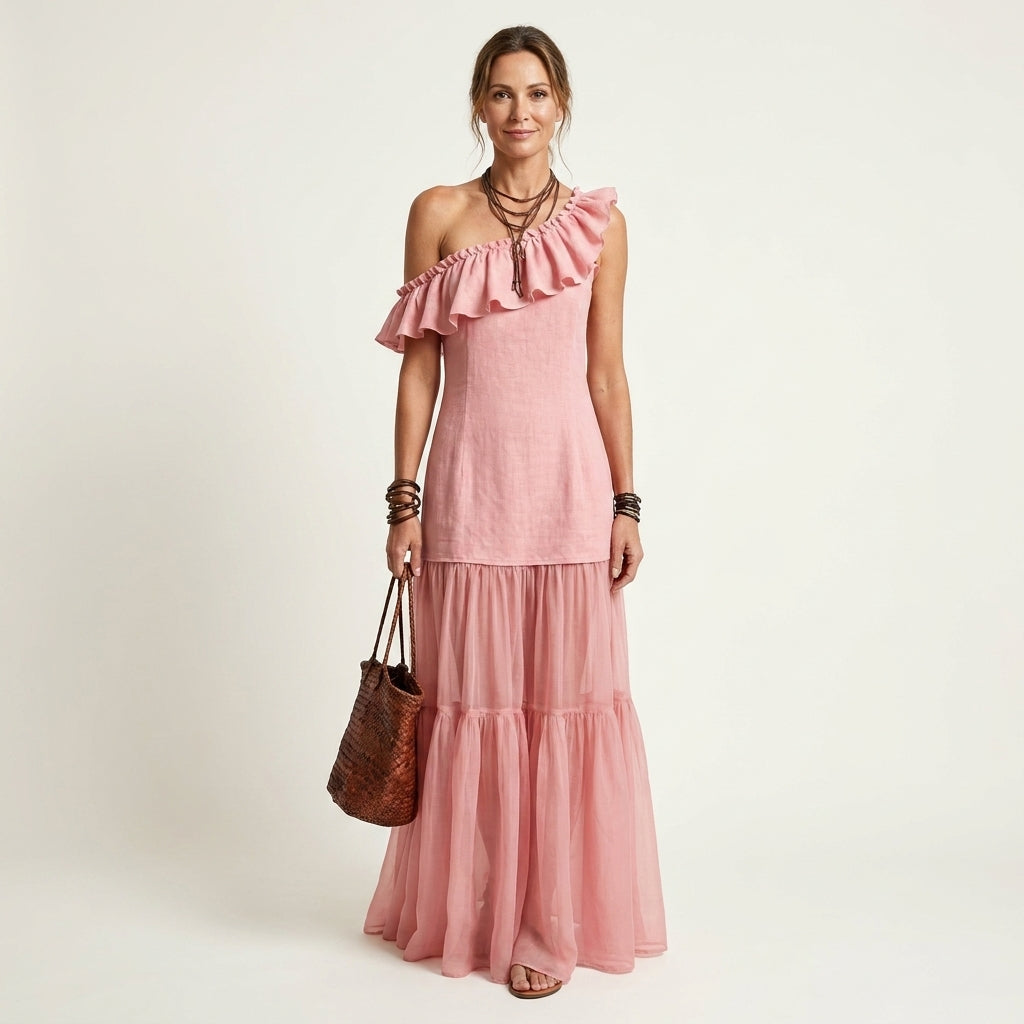 Liana | One-Shoulder Ruffle Cotton-Linen Tiered Maxi Dress
