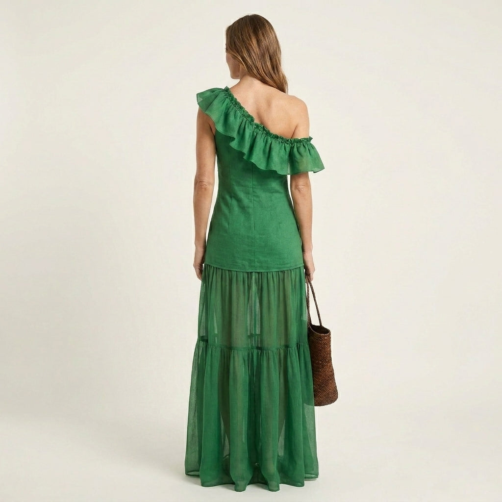 Liana | One-Shoulder Ruffle Cotton-Linen Tiered Maxi Dress