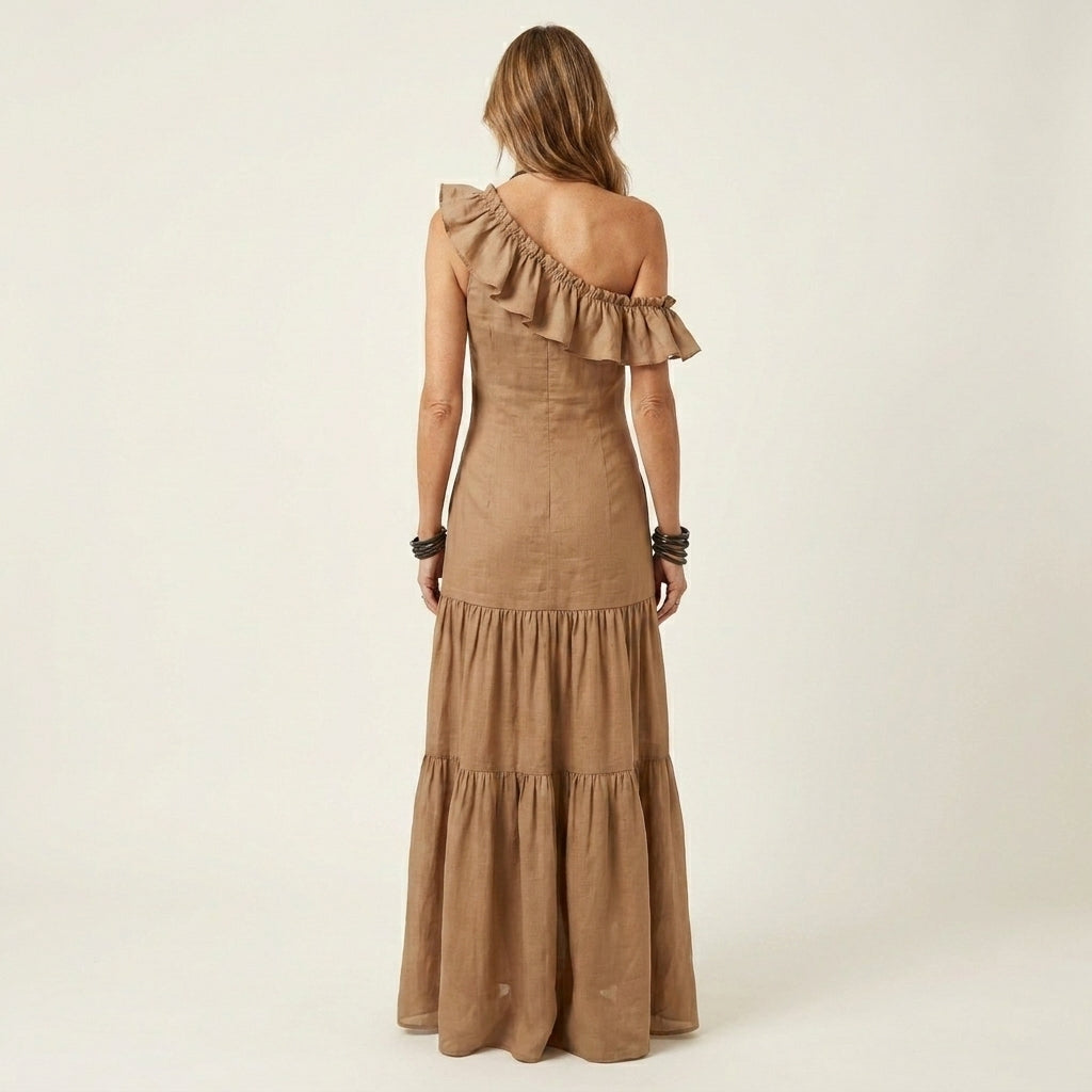 Liana | One-Shoulder Ruffle Cotton-Linen Tiered Maxi Dress