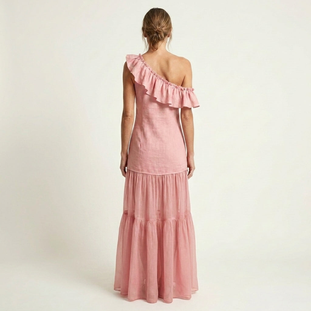 Liana | One-Shoulder Ruffle Cotton-Linen Tiered Maxi Dress