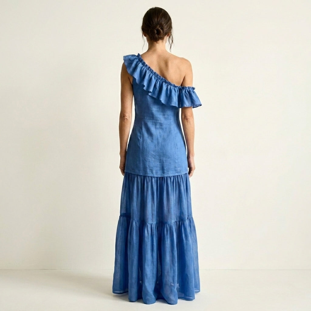 Liana | One-Shoulder Ruffle Cotton-Linen Tiered Maxi Dress