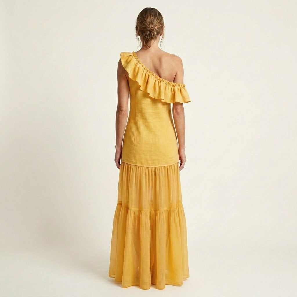 Liana | One-Shoulder Ruffle Cotton-Linen Tiered Maxi Dress