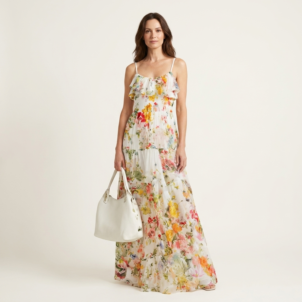 Michelle | Floral Ruffle-Tier Spaghetti-Strap Chiffon Maxi Dress