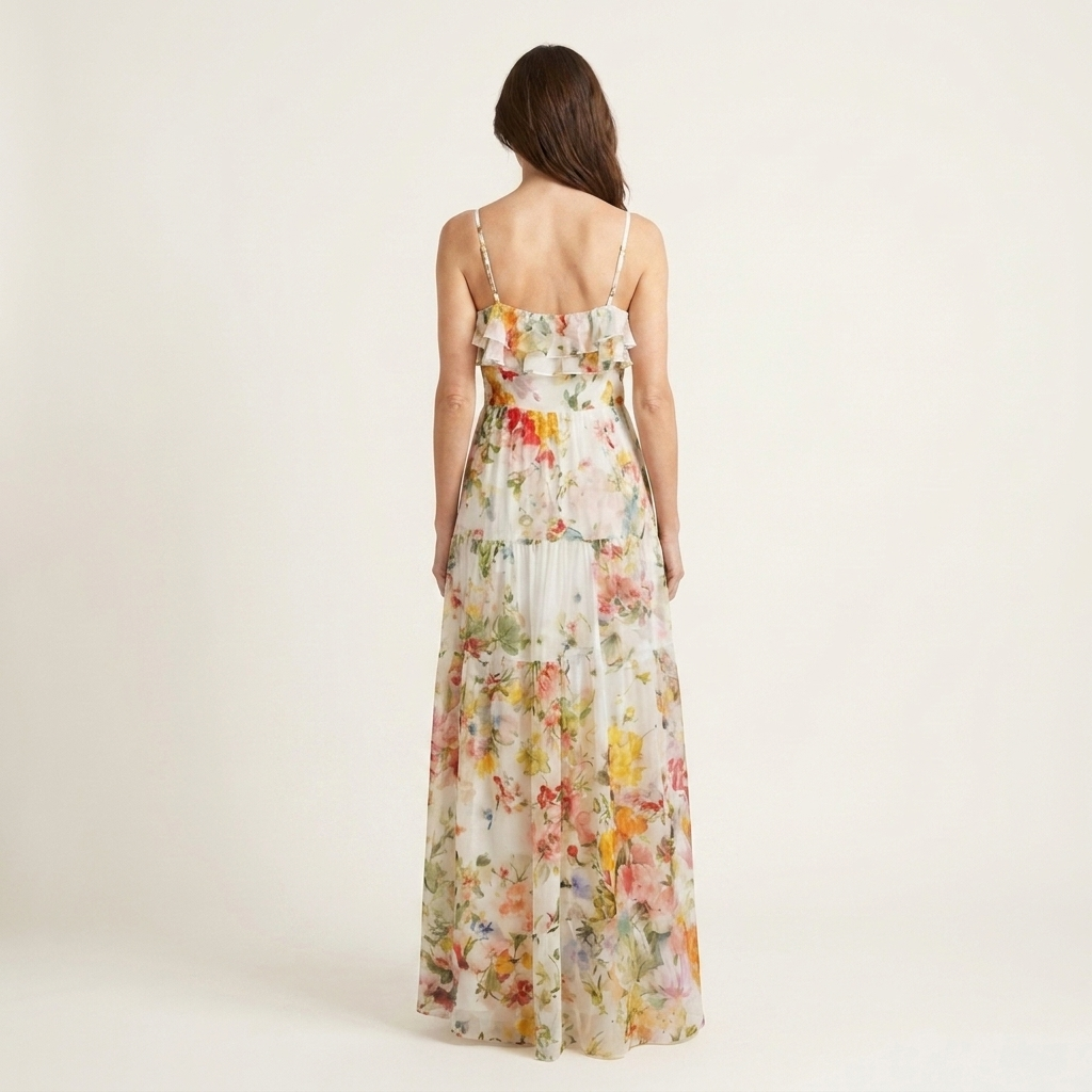 Michelle | Floral Ruffle-Tier Spaghetti-Strap Chiffon Maxi Dress