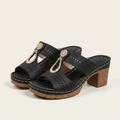 Emilia | Laser-Cut Block Heel Slide Sandal With Gold Hardware