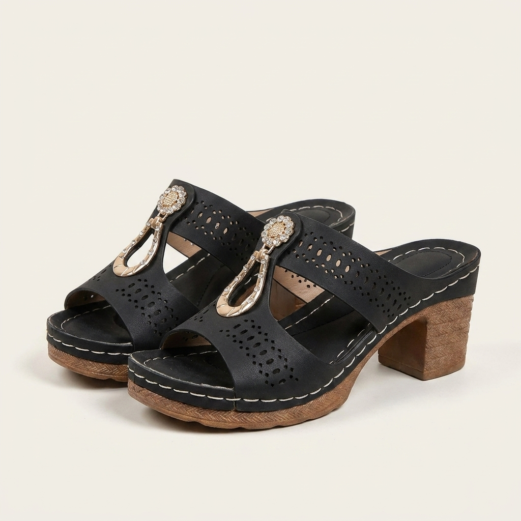 Emilia | Laser-Cut Block Heel Slide Sandal With Gold Hardware