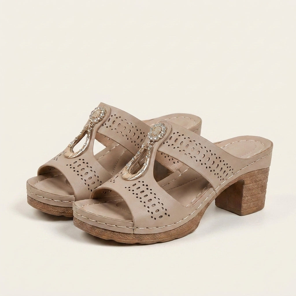 Emilia | Laser-Cut Block Heel Slide Sandal With Gold Hardware