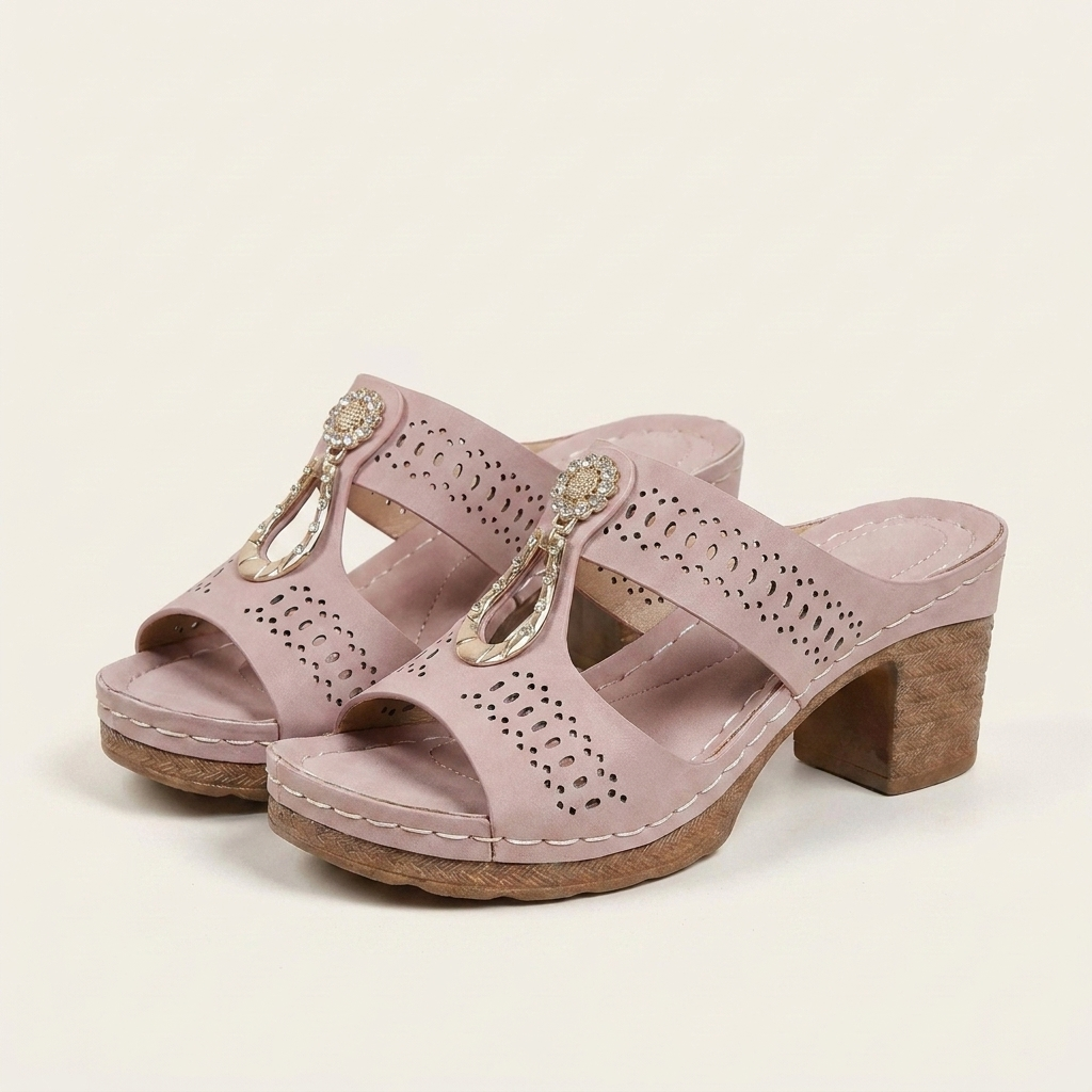 Emilia | Laser-Cut Block Heel Slide Sandal With Gold Hardware
