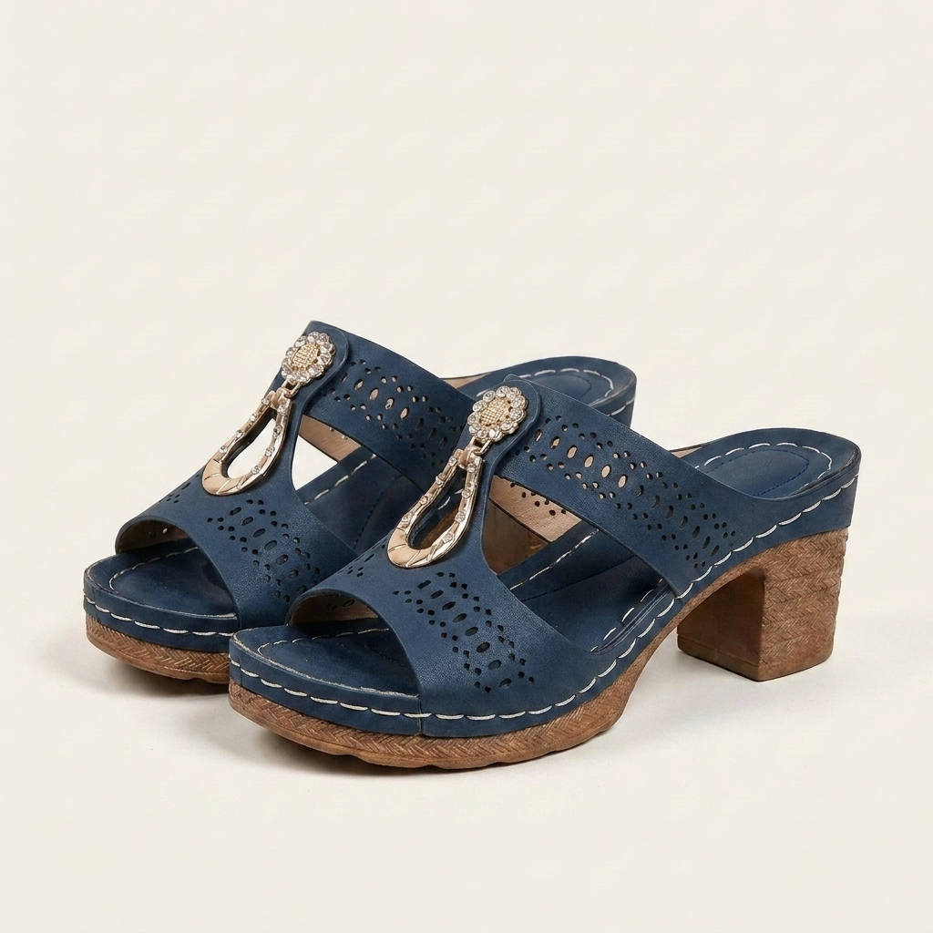 Emilia | Laser-Cut Block Heel Slide Sandal With Gold Hardware
