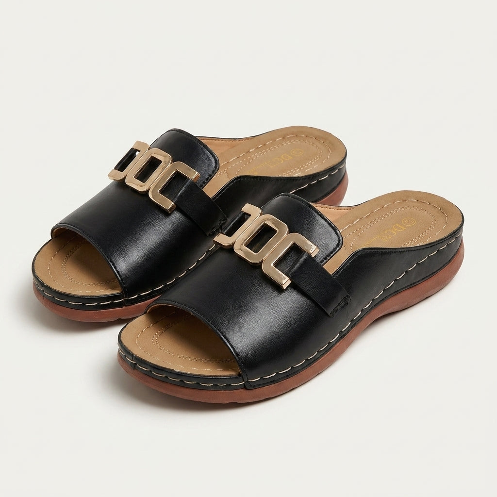 Ameyra | Gold Hardware Slip-On Wedge Slide Sandal