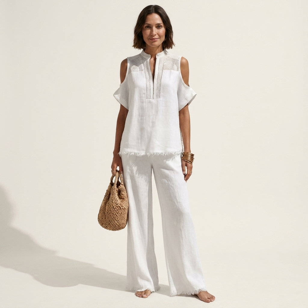 Amari | Cold-Shoulder Fringe-Hem Linen Top & Wide-Leg Pants Two-Piece Set