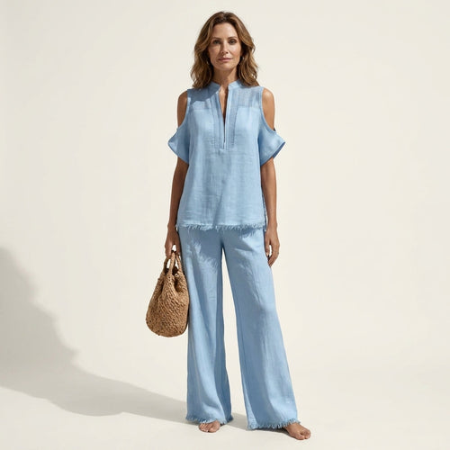 Amari | Cold-Shoulder Fringe-Hem Linen Top & Wide-Leg Pants Two-Piece Set