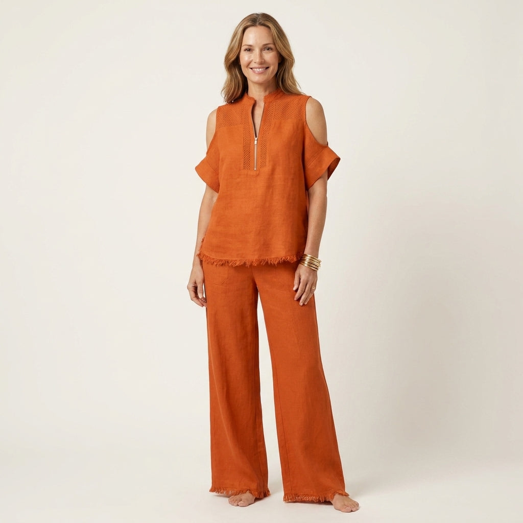 Amari | Cold-Shoulder Fringe-Hem Linen Top & Wide-Leg Pants Two-Piece Set